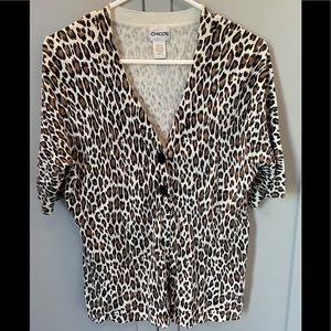 Chico’s Above Shoulder Sleeve Leopard Cardigan with 2 Buttons.
